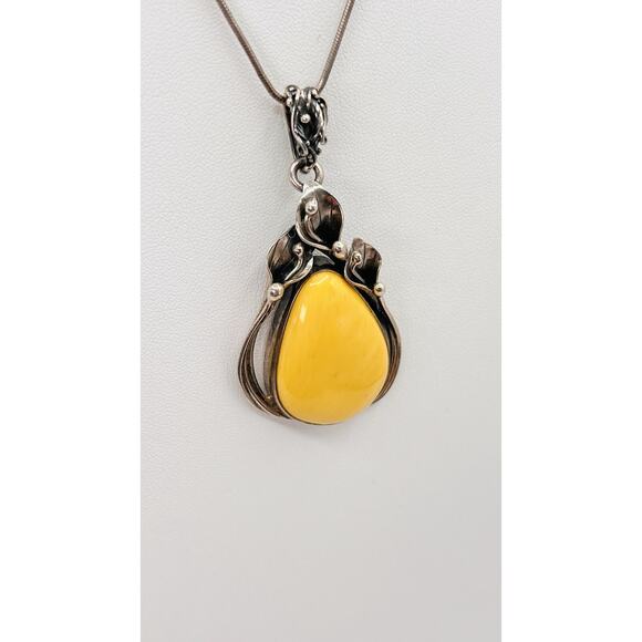SZ Vintage Teardrop Baltic Yellow Yoke Amber Lily Frame Pendant Only Silver 925 - Picture 9 of 10